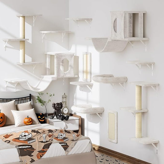 12-in-1 Cat Wall Shelves, Luxury Wall-Mounted Cat Climber Set with Condos House, Scratching Post, Bridge Ladder, Indoor Space-Saving Furniture for Kittens, Beige