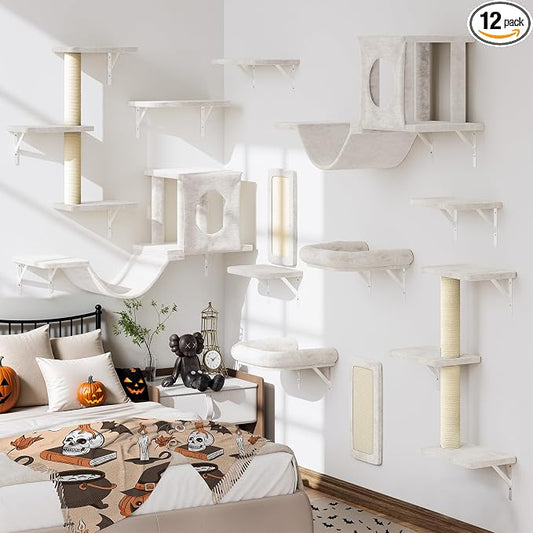 12-in-1 Cat Wall Shelves, Wall Mounted Cat Climber with Condo House, Scratching Post, Bridge Ladder, Space-Saving Indoor Play Furniture for Kittens, White