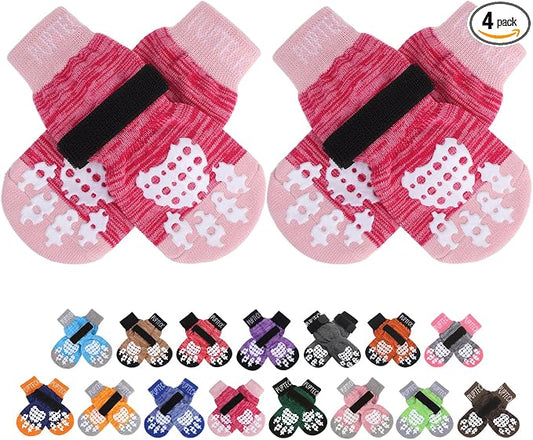 PUPTECK Anti-Slip Dog Socks with Double Sides Grips for Small Medium Large Dogs Hardwood Floors Prevents Licking, Dog Shoes for Hot Pavement Traction Control for Senior Dogs, Fuschia, XL