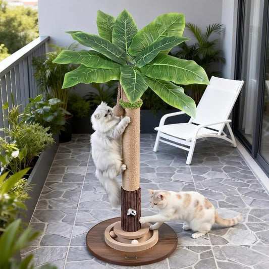 WOOCHPET Cat Scratching Post for Indoor Cats 35" Tall, Sisal Cat Scratcher with Mouse Toy and Track Balls, Wooden Base (Brown)