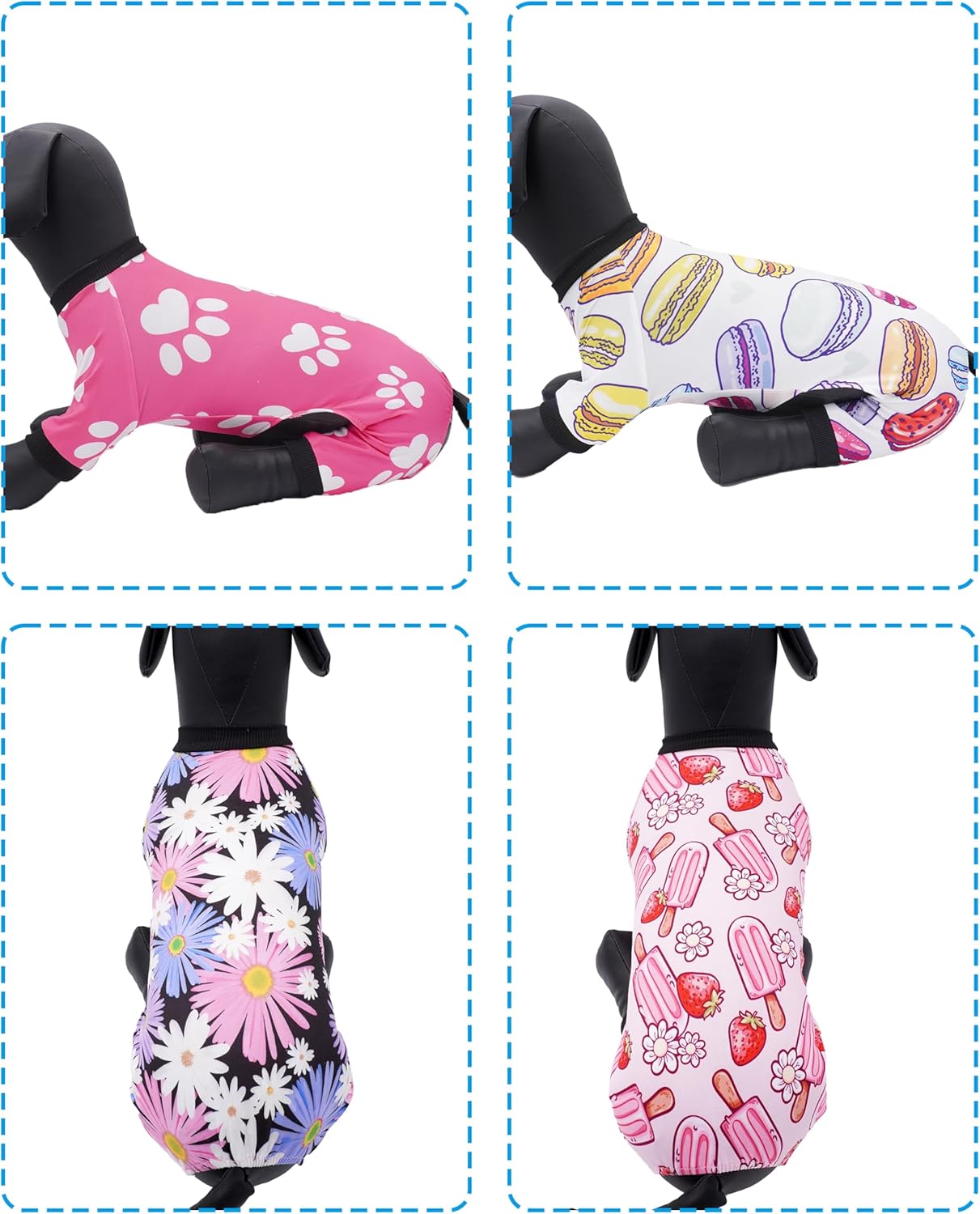 PET SHOW 4 Pack Small Dog Pajamas Girl Doggies Soft Stretchy PJs Paw Floral Jumpsuit Puppy Cats Doughnut Ice Cream Onesies Outfits with Sleeve Pets Breathable Summer Clothes Costume M