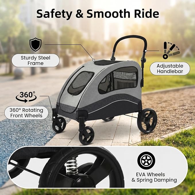 Garvee Extra Large Dog Stroller with Steel Pipe Frame, Wheels, Brakes, Shock Absorption, Foldable Design - Black