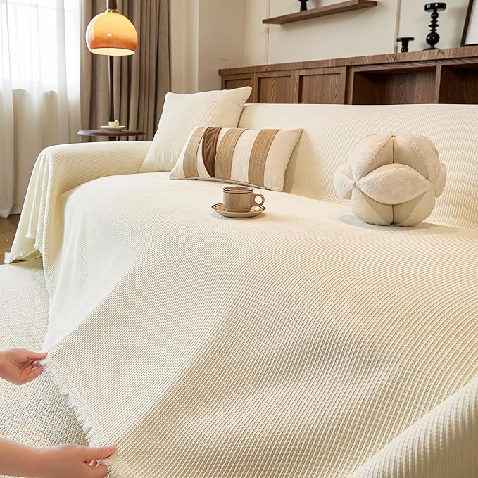 VClife Vintage Creamy White Striped Couch Cover with Tassel, 71" X 150" | Soft Thick Chenille Couch Covers for 3 Cushion Couch Sofa, Washable Sofa Covers for Sectional Sofa, Fade & Shrink Resistant