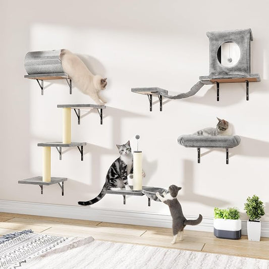 7-in-1 Cat Wall Shelves, Space-Saving Wall Mounted Cat Shelves, Cat Climbing Wall Systems for Play & Rest Includes Tunnel, House, Bridge, Steps, Scratcher, Hammock, Shelves, Gray