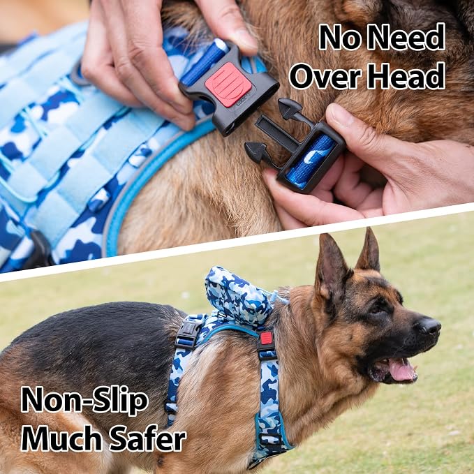 No Pull Tactical Dog Harness,Service Dog Vest Molle & Loop Panels | Ocean Blue XL, Metal Front & Back D-ring, Reflective, Easy Control with Padded Handle for Small Medium Large Dogs