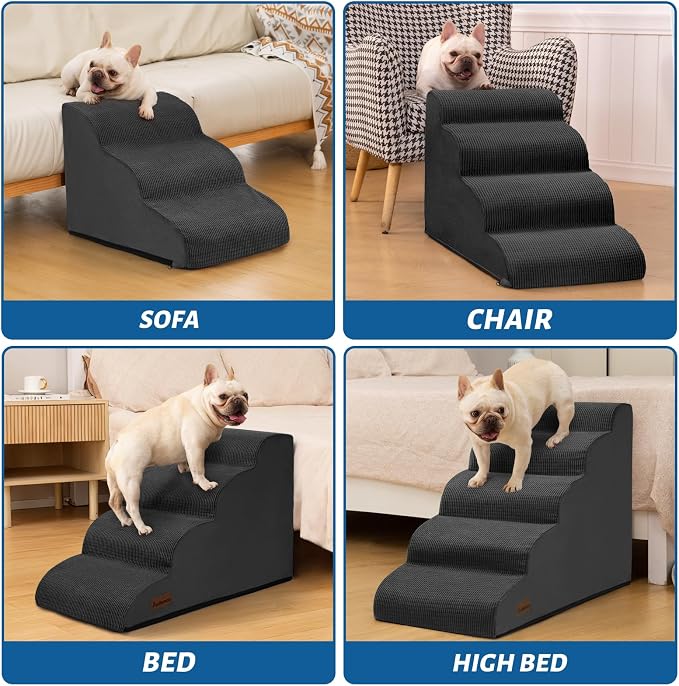 Aodisman Dog Stairs for High Bed,5-Step Pet Ramp for Small Dogs and Cats | 22.2" H Dog Steps for Bed with High-Density Foam, Help Olders,Short-Legged Dogs,Puppy and Cats Get on Beds Easily,Grey,Black