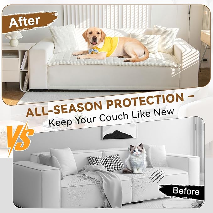 OTOB Couch Cover for Dogs Washable, Non Slip Plush Fuzzy Sofa Covers for 3 Cushion Couch Pet Friendly, Soft All Seasons Sofa Slipcover Cozy Furniture Protector (Cream, 31.5" x 82.7")