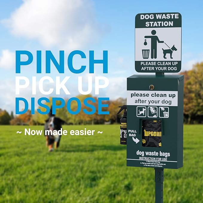 EMMA + OLIVER Locking Dog Waste Bag Dispenser | Locking Dispenser, Glow in the Dark Sign, Hand Sanitizer Bottle and Rain Guard, 400 Pull Out Header Bags Included