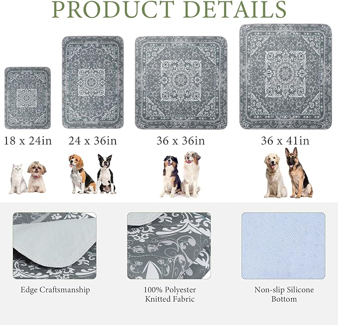 Homimp Washable Pee Pads for Dogs, 2 Pack Reusable Puppy Pads Waterproof, Absorbent and Leakproof Dog Pee Pads, Non Slip Puppy Training Pads, Pet Mat for Floor, Crate, Couch, Whelping,Grey, 36"x36"