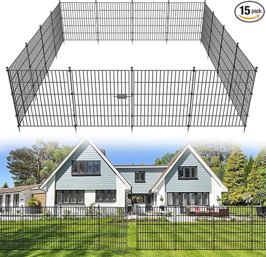 15 Panels No Dig Decorative Outdoor Garden Fence with Gate for Yard, 32 in(H) X 35.4 ft(L) Animal Barrier Fencing Rustproof Metal Wire Panel Border for Dog, Rabbits, and Patio Temporary Ground Stakes