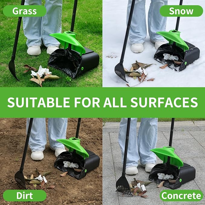 ienjoyed 40" Tall Dog Pooper Scooper with 100 Bags Attachment, Large Capacity Swivel Bin and Rake Metal Pole, Long Handle Pooper Scooper for Large Dogs, Dog Poop Scoop for Yard (Green)