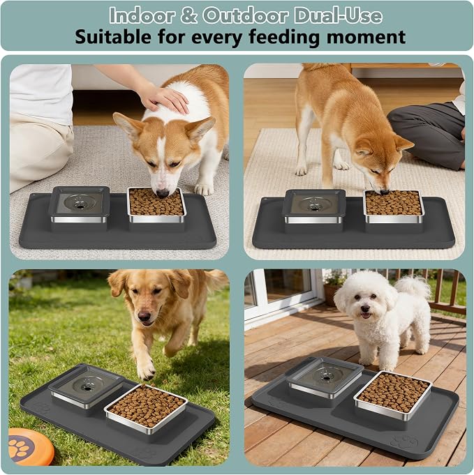 Dog Bowl Set, No Spill Dog Water and Food Bowl with Silicone Mat | Large Capacity 304 Stainless Steel Bowls, 2-In-1 Set, Slow Drinking, Anti-Slip Silicone Feeding Mat, Home/Travel, 6-7 Cups