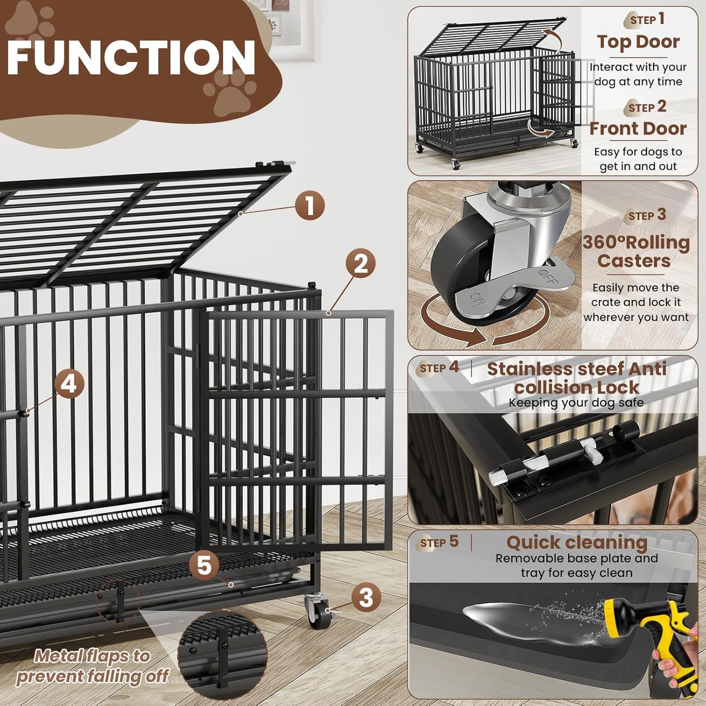 LEVELEVE 38 Inch Heavy Duty Indestructible Dog Crates for Large Dogs，Escape Proof Dog Cage Large Dogs with Lockable Wheels，Dog Kennel Furniture Indoor&Outside