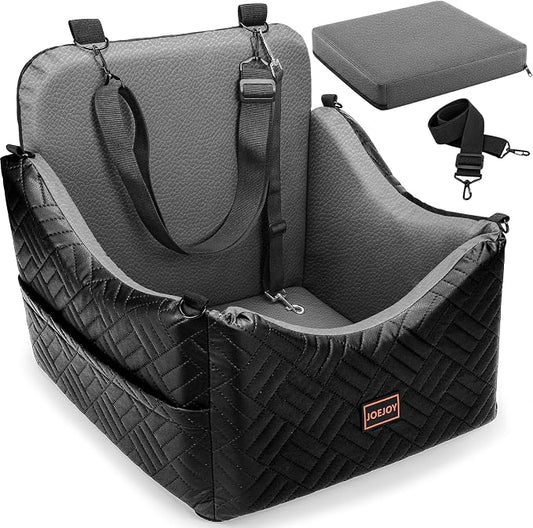 JOEJOY PU Dog Car Seats for Small Medium Dogs, Wipe Clean Waterproof Dog Booster Seat with 2.5 inch Cushion, Thickened 2 inch Memory Foam Pet Car Seats with Safety Belt and Storage Pockets