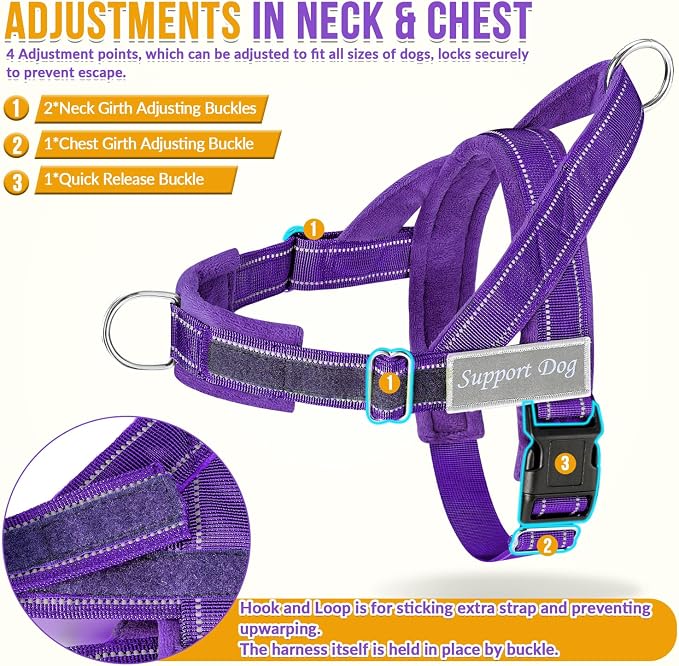 SlowTon No Pull Dog Harness with Front Clip - Heavy Duty, Soft Padded | Neck & Chest Adjustable, Tactical Pet Vest and Leash Set for Large Medium Sized Dogs, for Easy Walk & Training, Purple M