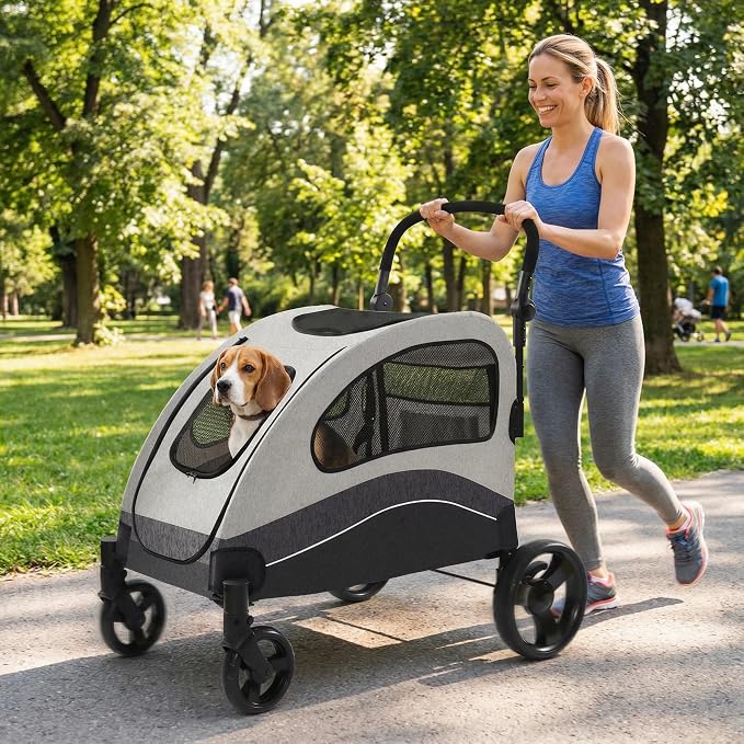 Garvee Extra Large Dog Stroller with Steel Pipe Frame, Wheels, Brakes, Shock Absorption, Foldable Design - Black