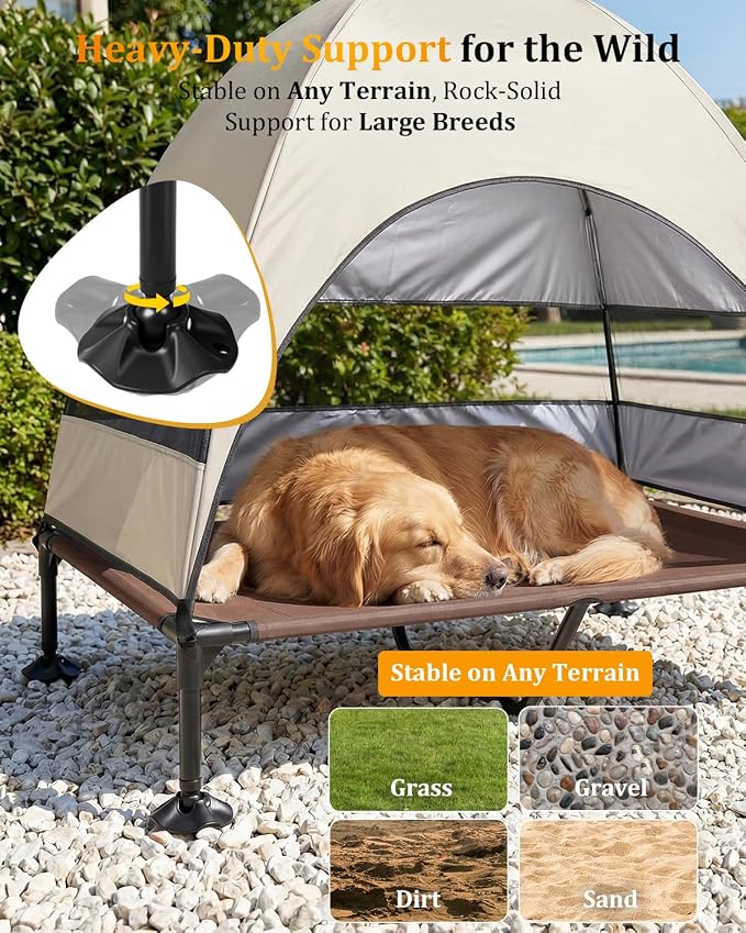 Elevated Dog Bed with Canopy - 3-Sided UV Protection Pet Tent with Wider Shade, Raised Cooling Outdoor Dog Cot with Breathable Mesh for Medium Large Dogs, Portable Bed for Camping, Patio (Khaki, XL)