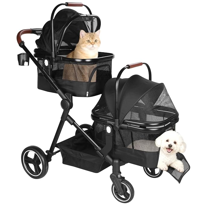 Foldable Double Pet Stroller for 2 Small Medium Cats Dogs | Convertible single/double | Detachable carriers | All-terrain wheels & shock | Safety brakes & tether | Breathable oxford