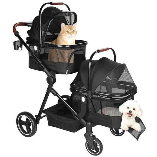 Foldable Double Pet Stroller for 2 Small Medium Cats Dogs | Convertible single/double | Detachable carriers | All-terrain wheels & shock | Safety brakes & tether | Breathable oxford