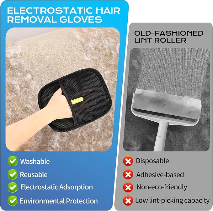 2PC Pet Hair Removal Glove for Cats and Dogs, Electrostatic Reusable Brush, for Couch, Carpet and Car Seat,