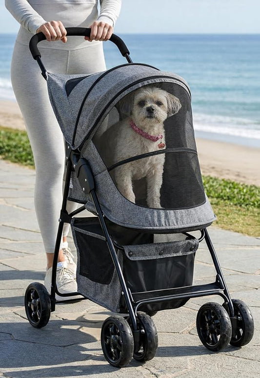 Pet Gear No-Zip Happy Trails Lite Pet Stroller, Titanium Grey | Zipperless Entry, Easy Fold with Removable Liner, Safety Tether, Storage Basket + Cup Holder, For Cats/Dogs