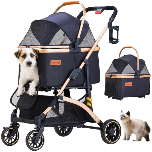 Dog Stroller for Small Dogs, Lightweight Pet Stroller for 2 Cats Dogs with 6 Shock Absorption System, Detachable Carrier Suitable for Car Seat & Hand Carry, Safe Outings, Black