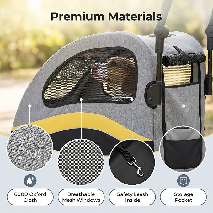 Garvee Extra Large Dog Stroller with Steel Pipe Frame, Wheels, Brakes, Shock Absorption, Foldable Design - Yellow