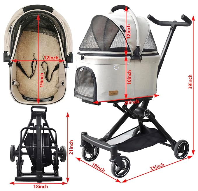 ROODO 2026 Upgraded Version 3 in 1 Dog Cat Stroller with Detachable Carrier Lightweight Folding Portable All Terrain Pet Travel System Puppy Kitty Doggie Bunny Stroller for 30lbs(Light Khaki)