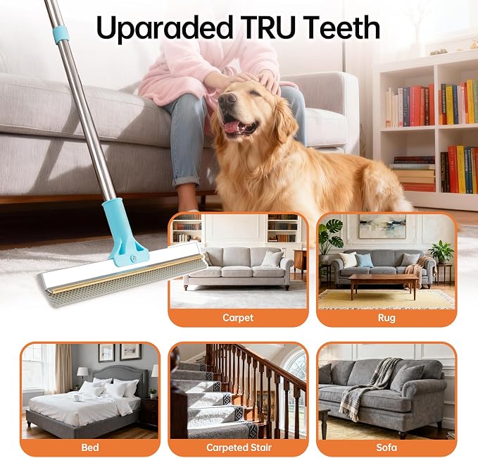 Carpet Rake for Pet Hair Removal Tool, 2 in 1 TPU and Copper Rake Teeth Uproot Clean Hair Remover with 63’’ Adjustable Long Handle,Cat & Dog for Carpets,Rugs, Mats (63’’ Long Handle+1 Short Handle)