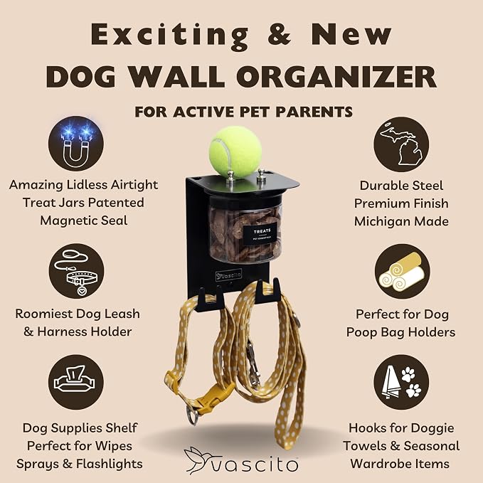Dog Leash Holder for Wall with Shelf - Wall Mounted Dog Treat Holder & Station, 1 Airtight 16oz Treat Container, 6 Hooks, Patented Lidless Slide-to-Seal Jar, Solid Steel, Made in USA
