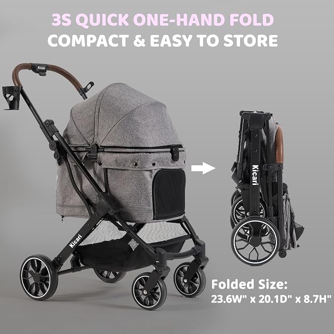 All-Terrain Dog Stroller for Small to Medium Dogs, Pet Stroller for Dogs & Cats Outdoor Walks, One-Hand Easy Fold, Double-Layer Anti-UV & Waterproof Canopy & Breathable Mesh, Charcoal Gray