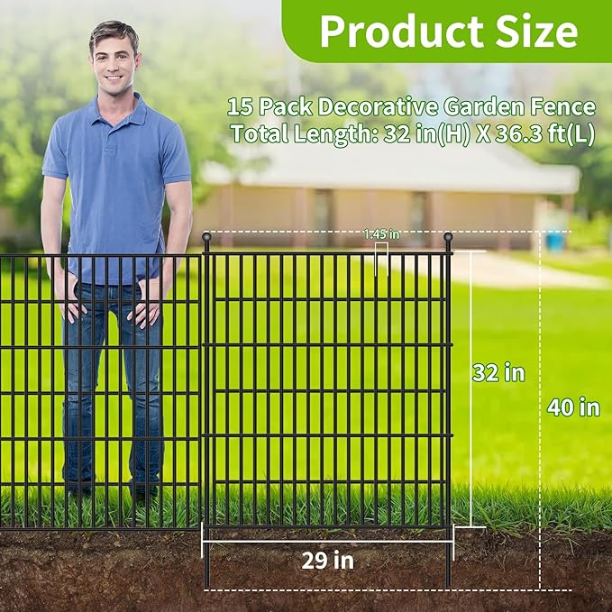 Toolterritary 15 Panels No Dig Garden Fence, 32 in(H) X36.3 ft(L) Metal Fence Panels, Thickened Rustproof Garden Fencing, Animal Barrier Fence for Dogs, Rabbits, and Patio