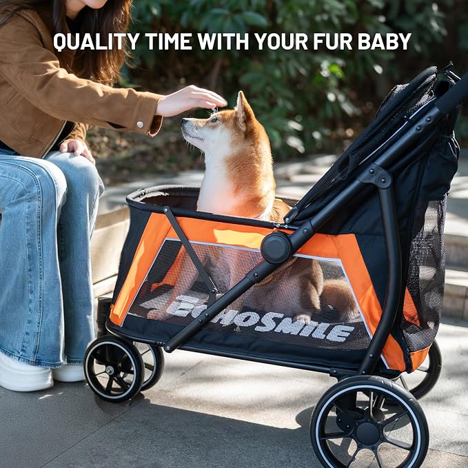 EchoSmile Dog Stroller for Medium & Small Dogs, Foldable Pet Stroller with 3 Wheels & Brakes, All-Terrain Cat Dog Carrier with Breathable Mesh, Safety Leash and Storage Pocket, Black