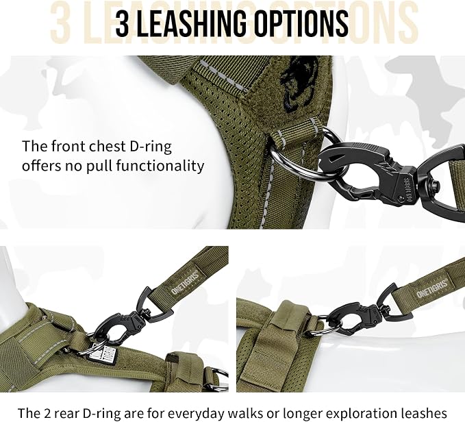 OneTigris Soft Padding No Pull Dog Vest Harness for Medium and Large Dogs | High-tensile Nylon, Adjustable, Reflective, 1 Handle, 3 D-rings, Lightweight, Tough, Easy on/off Tactical Dog Harness