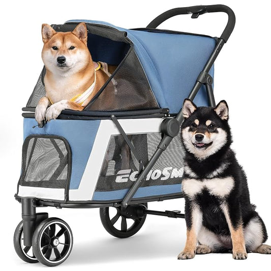 EchoSmile Dog Stroller for Medium & Small Dogs, Foldable Pet Stroller with 3 Wheels & Brakes, All-Terrain Cat Dog Carrier with Breathable Mesh, Safety Leash and Storage Pocket, Blue