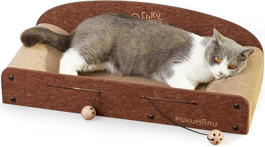 FUKUMARU 26 Inch Cat Scratcher Bed, 2 Reversible Cardboard Cat Scratch Pads Refill for Indoor Cats, Durable Large Cats Scratching Bed Sofa Couch Lounger with Fun Toys, Furniture Protector, Caramel