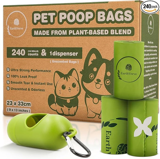 EarthVerve Dog & Cat Compostable Poop Bags (240 Counts w/Dispenser) - Plant Based, Enhanced Leak-Resistant, Odor-Resistant & Durable – Unscented,Sustainable Cleanup Solution –10% to Animal Rescue