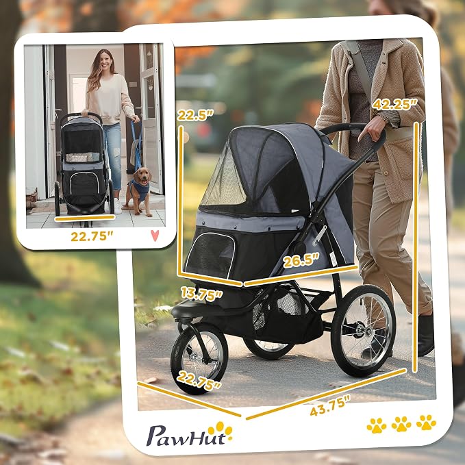 PawHut 3 Wheels Pet Stroller, Foldable Dog Stroller with Adjustable Canopy, Safety Tether, Cushion, Storage Basket, Portable Jogger for Small and Medium Dogs and Cats, Gray