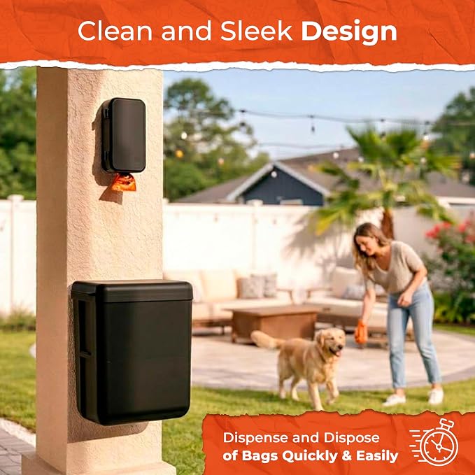 Pexter Dog Poop Bag Dispenser - Outdoor or Indoor Pet Waste Bag Dispenser Station - Stick-On or Screw-On Wall Mount - Poop Bags Storage Outdoor Container - Includes 4 Doggie Bag Rolls (Black)