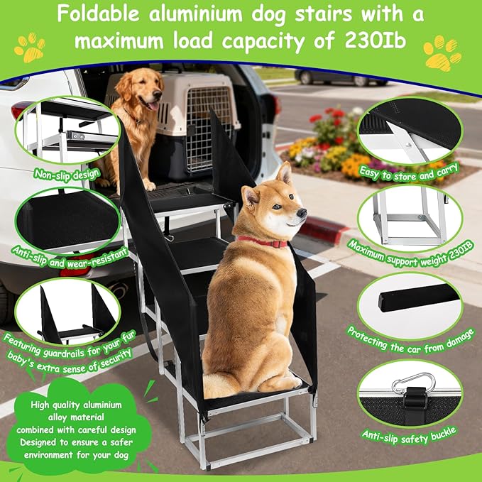 DeerGym Dog Stairs with Guardrail for Large Dogs,22" L × 17" W 230 lbs | Foldable Pet Steps for Car 4 Step Non Slip Surface Designed for Oversized SUVs, Off Road Vehicles, and Pickup Trucks