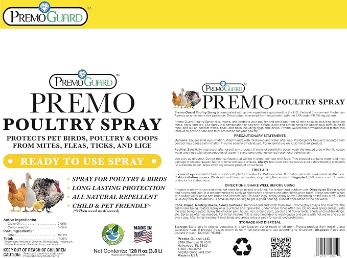Premo Guard Poultry Spray - 128 oz - Kill Scaly Leg, Mites, Fleas, Lice, & Other Pests on Chickens and in Coops - Natural Plant Based Oils for Control & Prevention - Family Safe with No Egg Withdrawal