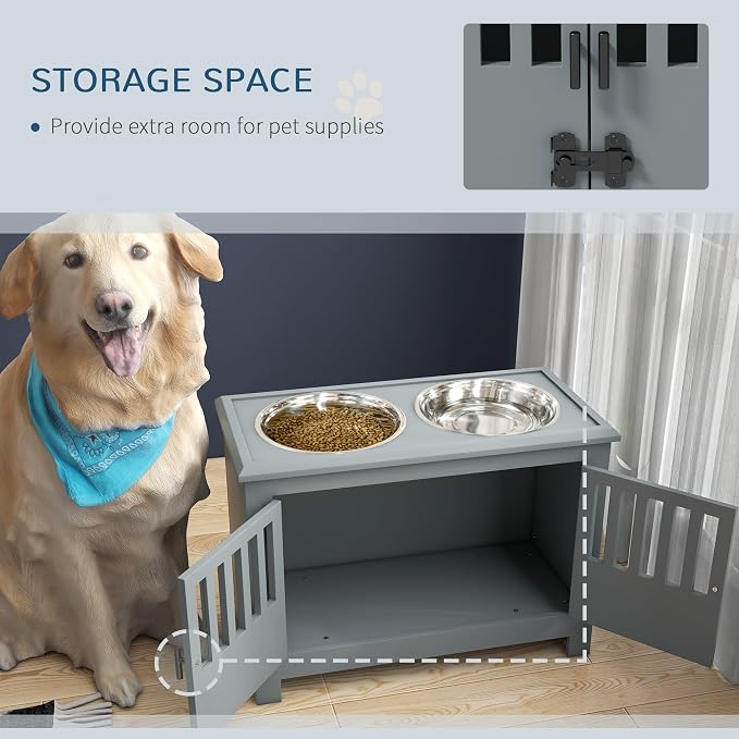 PawHut Large Elevated Dog Bowls with Storage Cabinet, 37L Gray | Raised Dog Bowl Stand Pet Food Bowl Dog Feeding Station