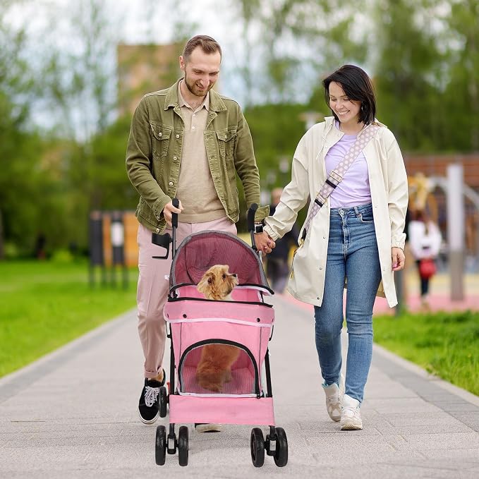 Pet Stroller for Small Dogs Medium Dogs 33lbs, Dog Pram Ultra Light - only 3.5 kg, Dog Stroller Pet Pram with 4 Wheel Foldable/Storage Basket/Cup Holder-P07 (Pink)