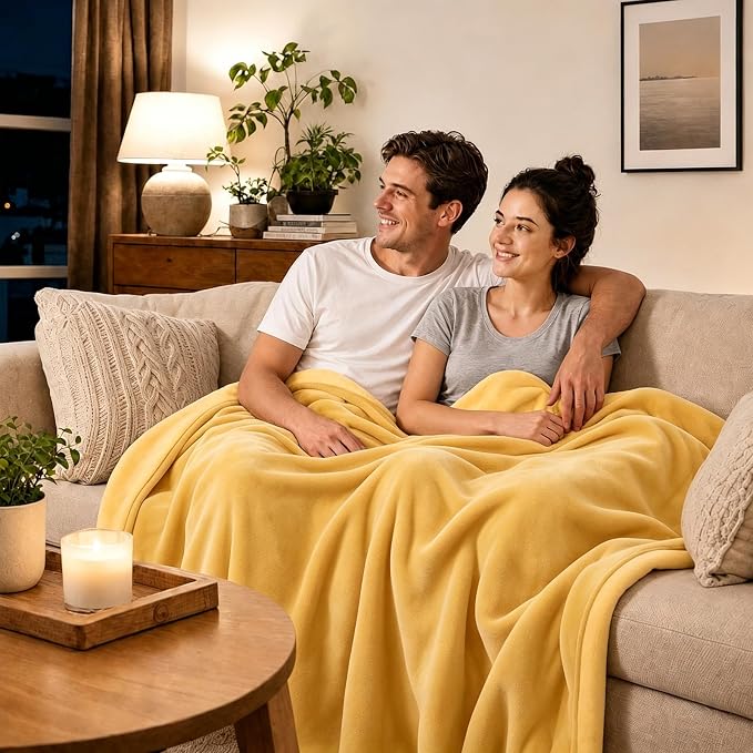 LOOBANI Yellow Waterproof Blanket for Bed, Flannel King Size 85"x108" | Double-Side Leak-Proof, Reversible, Stain-Proof Cover for Sofa Bed Protection, Ideal for Rest Movie Time, Camping, Travel