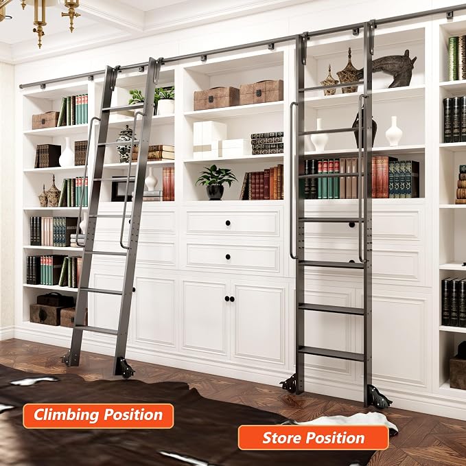 DIYHD 87" Rolling Library Ladder with Handrail, 4FT Sliding Rail, Black | 7-Step lightweight ladder with space-saving upright storage, Telescopic top hooks, Locking bottom rollers, 300lbs capacity