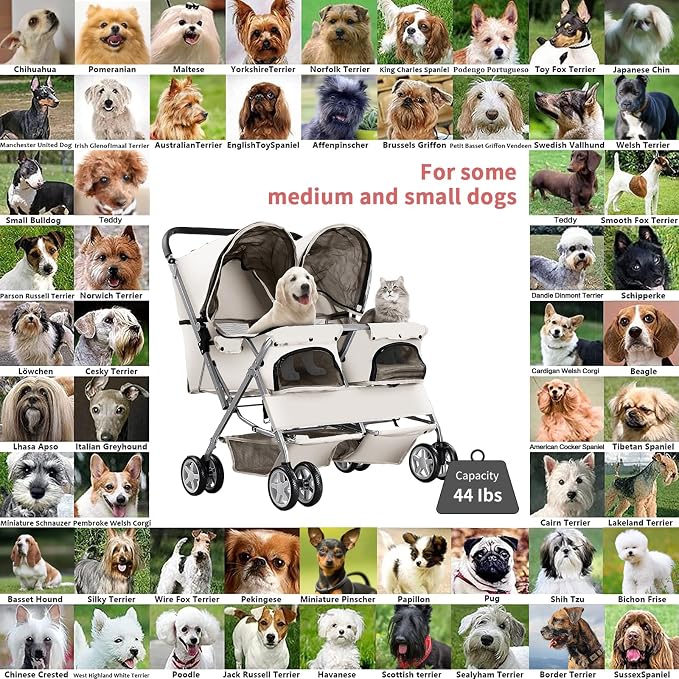 Double Pet Stroller for 2 Dogs & Cats, Side-by-Side, Gray | Foldable Two-Seater with Separate Cabins, 44 lb Capacity, Dual Baskets and Safety Tethers for Walks, Travel and Vet Visits