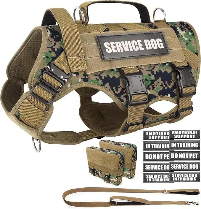 Tactical Dog Harness with Dog Leash, Service Working MOLLE Vest with 10 Pet Patches for Dog, No Pull Military Harness and Backpack for Training Hunting Walking
