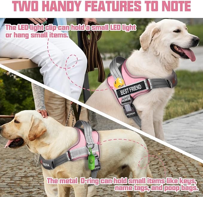 AUROTH Dog Harness and Leash Set for Large Sized Dog, No Pull Dog Vest | with Leash Clips, LED light clip, Soft Padded No Choke, Escape Proof, Easy Walking and Training, Pink, XL