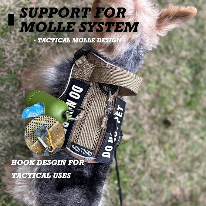 Tactical Dog and Cat Harness for XS and Small Puppy, Air Pet Vest No Pull with Reflective Do Not Pet Patches, Breathable Dog Molle Vests for Training Walking Hunting Brown