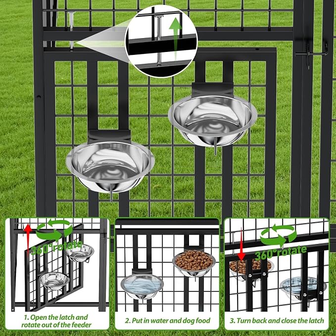8 x 4 x 5.6 FT Outdoor Dog Kennel with Roof for Medium Large Dogs | Spacious Dog Run with Rotating Feeder, 2 Stainless Steel Bowls and Double Latch Gate